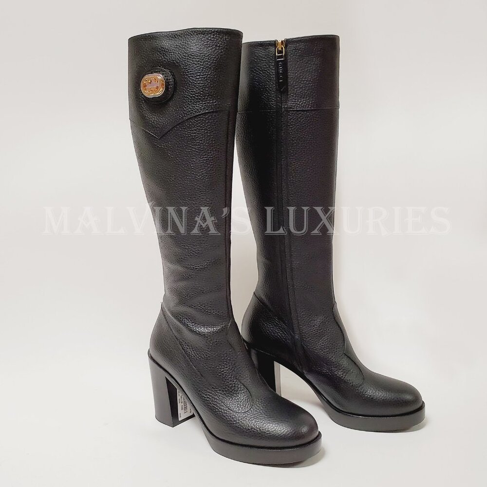 GUCCI BOOTS BLACK LEATHER TALL INTERLOCKING G LOGO sz IT 40.5 US 10.5 - Picture 3 of 16